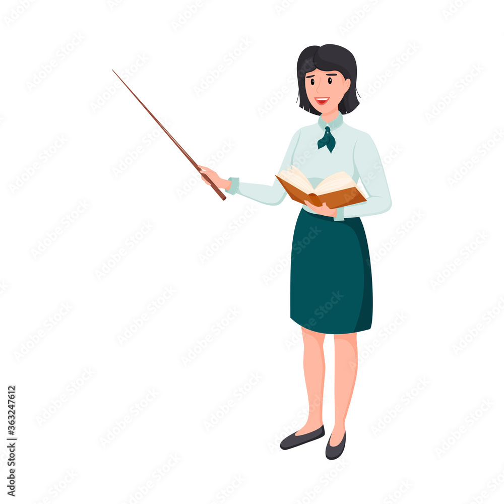 A female teacher in a skirt and blouse stands with a pointer in one hand and an open book in the other. A pretty teacher with short dark hair is smiling. Back to school. Vector illustration.flat style A female teacher in a skirt and blouse stands with a pointer in one hand and an open book in the other. A pretty teacher with short dark hair is smiling. Back to school. Vector illustration.flat style