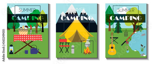 A set of flat vector leaflets for summer camping, Hiking and tourism. Three flyers with a tent, picnic table, basket of mushrooms, fire, fishing rod, guitar and camping equipment. Flyers with a rear