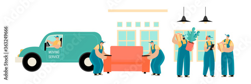 Set of vector illustrations of a moving service with men in uniform driving and carrying furniture and cardboard boxes. Movers at work.