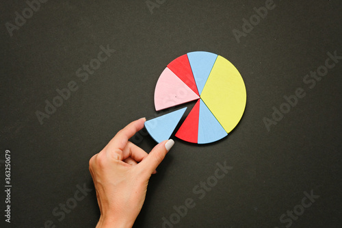Colorful fraction circles arranged into a circle graph and hand, black background. photo