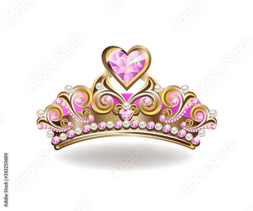 Beautiful golden princess crown with pearls and pink jewels. Realistic illustration. Vector illustration on white background.