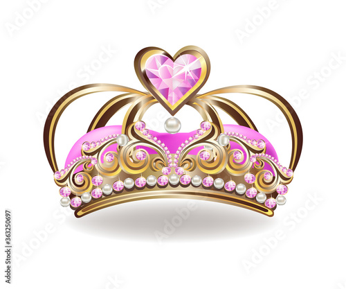 Beautiful golden princess crown with pearls and pink jewels. Realistic illustration. Vector illustration on white background.