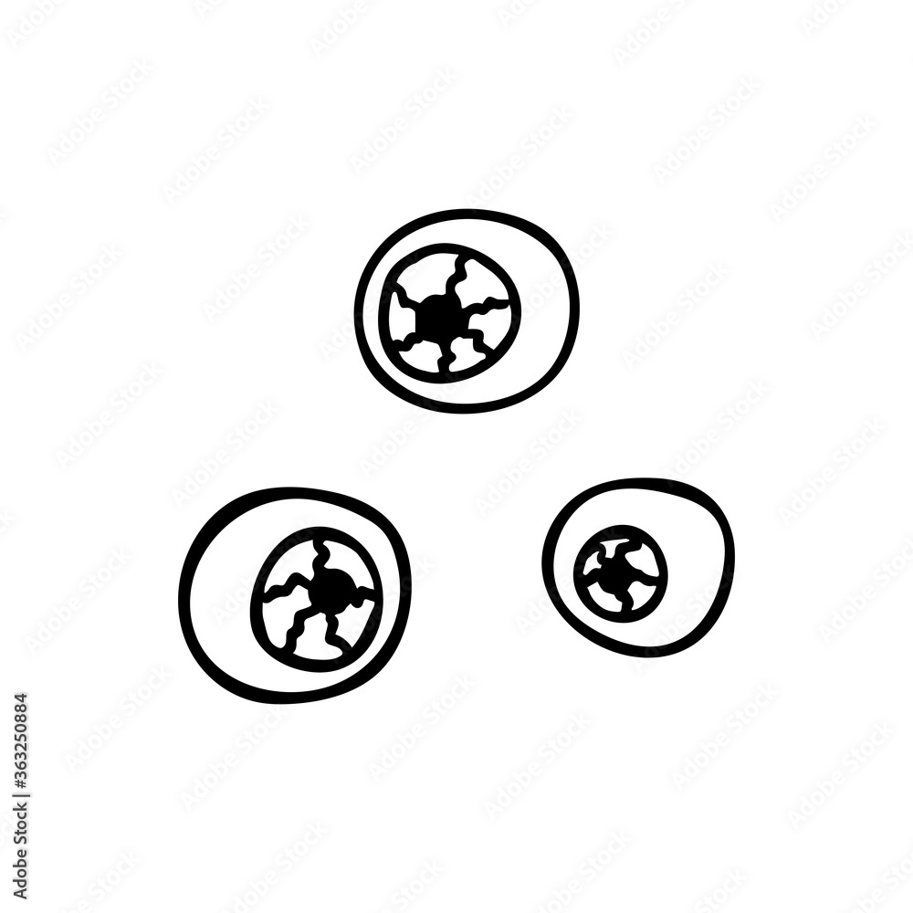 Three eyeballs looking in different directions. Black and white vector illustration in doodle style. Halloween elements Three eyeballs looking in different directions. Black and white vector illustration in doodle style. Halloween elements