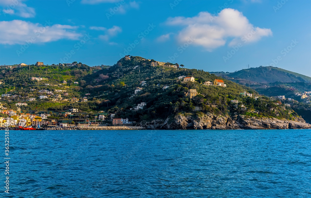 A view from the sea towards Marina Lobra on the Sorrentine peninsula, Italy
