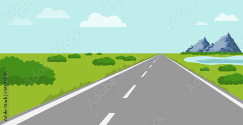 Road with a natural landscape. Highway with grass, mountains and bushes. Vector illustration. V