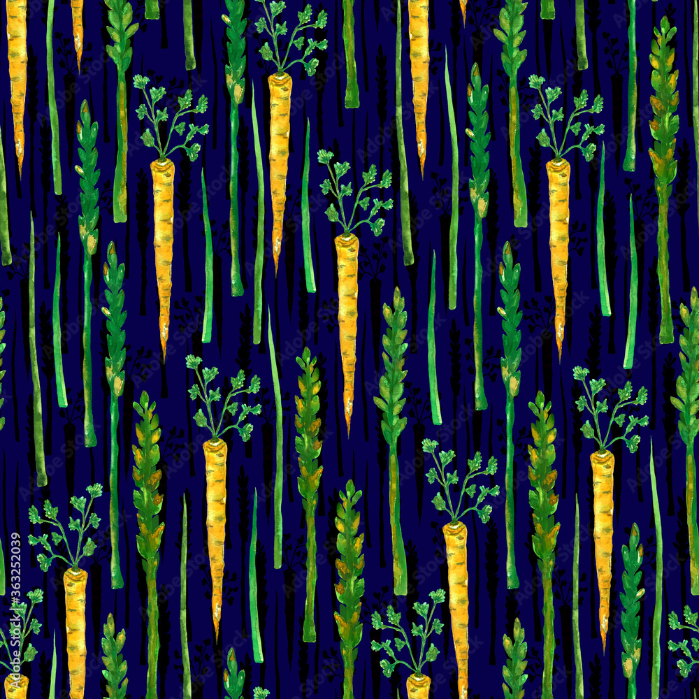 Seamless pattern with asparagus, onions and celery, watercolor illustration