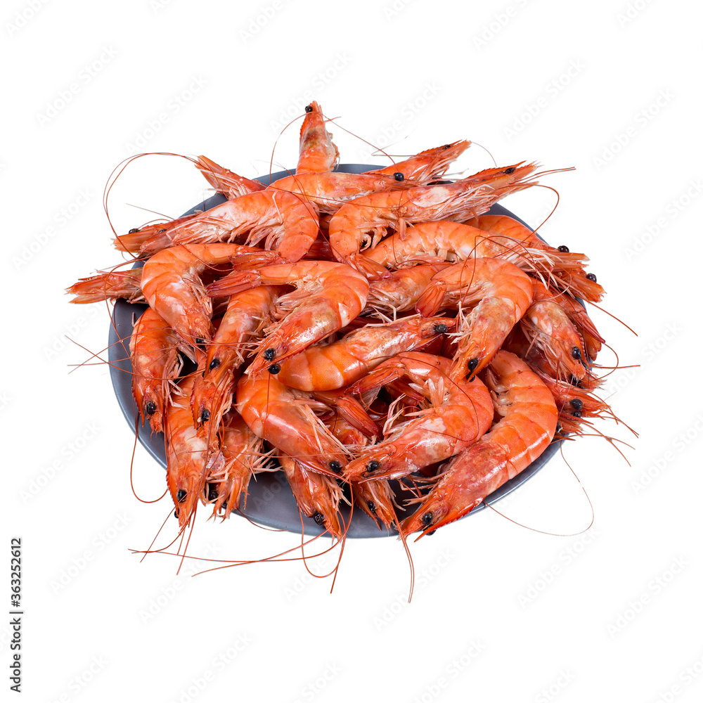 Top view of plate with boiled peeled shrimps isolated on white background Top view of plate with boiled peeled shrimps isolated on white background