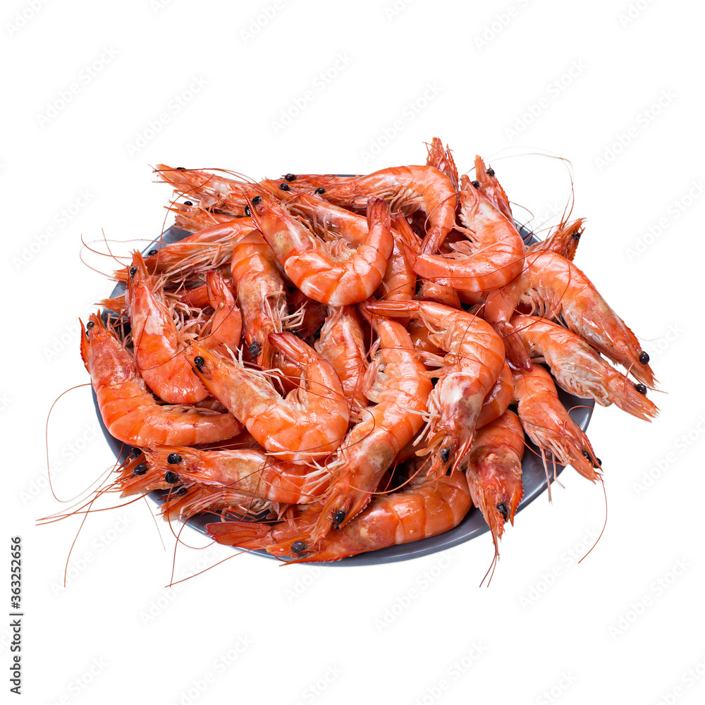 Top view of plate with boiled peeled shrimps isolated on white background Top view of plate with boiled peeled shrimps isolated on white background