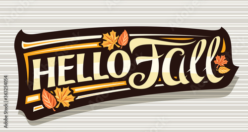 Vector lettering Hello Fall, black label with curly calligraphic font, falling leaves and decorative art stripes, banner with swirly unique lettering hello fall on grey striped background.