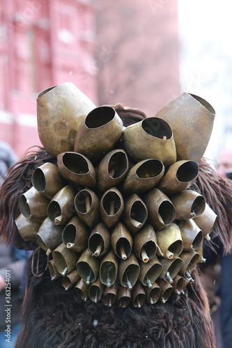 Moscow Maslenitsa Festival 2020. Traditional celebration in folk style. Sardinian masked artists: mamuthones, isohadores from Sardinia, Italy. Ethnic clothes, costumes photo