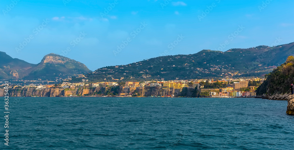 A view from the sea along the seafront of Sorrento, Italy