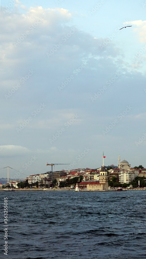Fototapeta premium Watching Istanbul from the Passenger Ferry, Bosphorus bridge and Maiden's tower