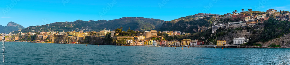 A panorama view along the seafront of  the Sorrentine peninsula at Sorrento, Italy