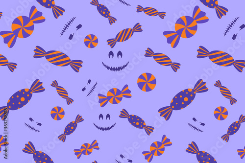 Halloween candy and jack face seamless pattern. Spooky and sweet illustration for print design, fabric, textile, wallpaper, wrapping paper.