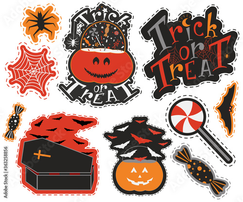 Halloween sticker pack with bats pumpkin coffin and sweets. Nice graphic items in party mood. Hand drawn vector print design