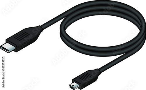 A USB (universal serial bus) cable. USB type C to Mini Type B 5-Pin.