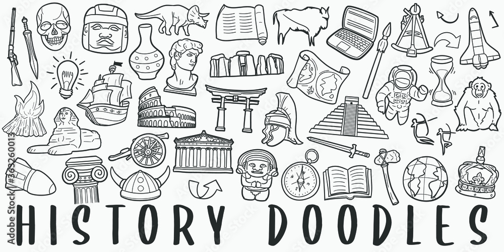 History Doodle Line Art Illustration. Hand Drawn Vector Clip Art. Banner Set Logos. History Doodle Line Art Illustration. Hand Drawn Vector Clip Art. Banner Set Logos.