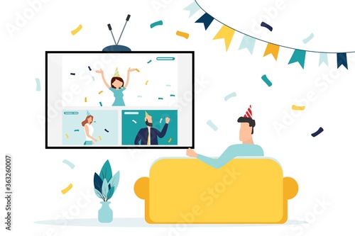 happy birthday quarantine, online party. Vector illustration.