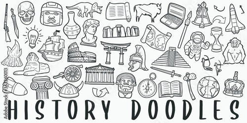 History Doodle Line Art Illustration. Hand Drawn Vector Clip Art. Banner Set Logos.