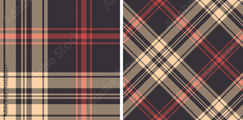 Classic plaid pattern vector in brown, coral, beige. Seamless herringbone textured check plaid set for flannel shirt, skirt, blanket, tablecloth, or other modern autumn winter fabric design.
