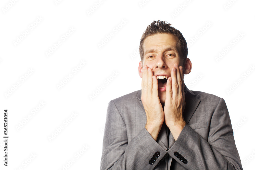 Close up portrait of funny man with emotions isolated on white background Close up portrait of funny man with emotions isolated on white background