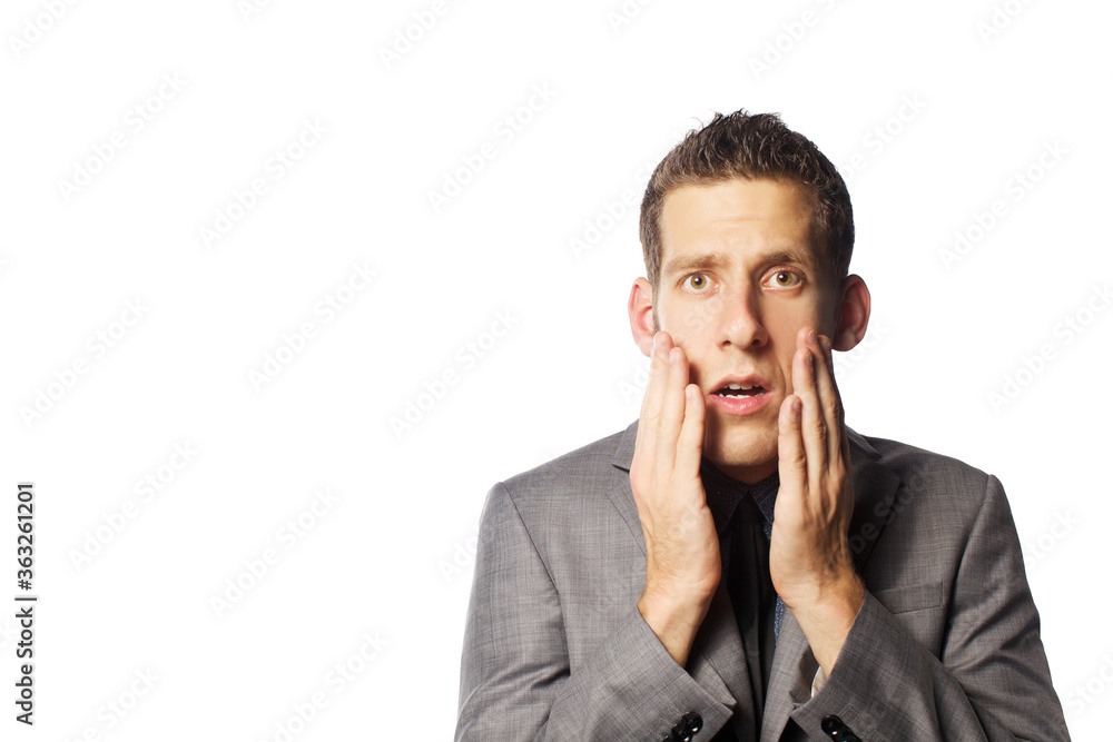 Close up portrait of funny man with emotions isolated on white background Close up portrait of funny man with emotions isolated on white background