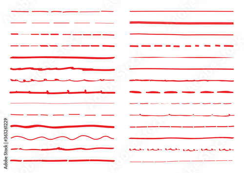 Red lines hand drawn vector set isolated on white background. Collection of doodle lines, hand drawn template. Red marker and grunge brush stroke lines, vector illustration