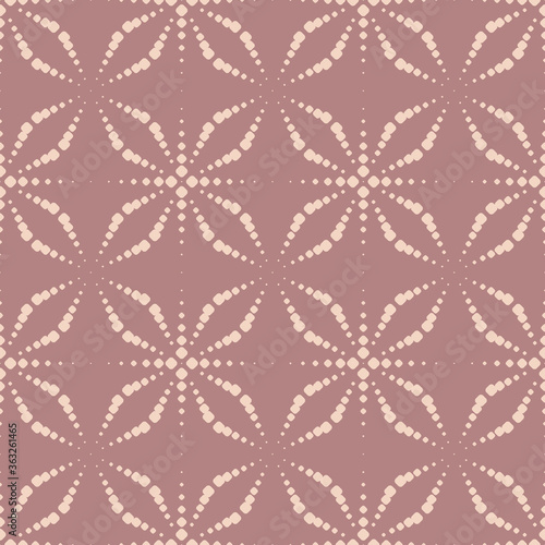 Vector seamless pattern with dots. Simple pink geometric texture with dotted halftone crosses, floral silhouettes, grid. Abstract minimal background. Modern repeat design for decor, print, wallpapers