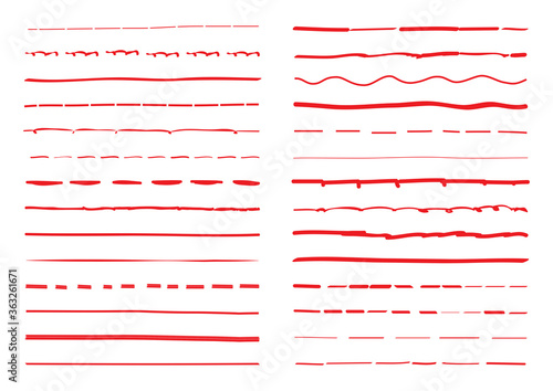 Red lines hand drawn vector set isolated on white background. Collection of doodle lines, hand drawn template. Red marker and grunge brush stroke lines, vector illustration
