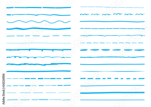 Blue lines hand drawn vector set isolated on white background. Collection of doodle lines, hand drawn template. Blue marker and grunge brush stroke lines, vector illustration