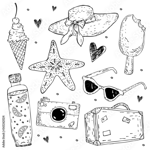 Summer set of doodles with straw hat, water bottle, sunglasses, camera, ice cream, eskimo, starfish and suitcase. Travel, holiday, beach, sea