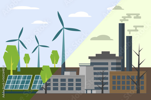 Two different landscapes. One positive with clean, green and blue renewable, the other with dirty, sad and pollution.