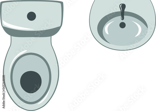 Toilet and sink. The view from the top. Vector stylized color isolated image.