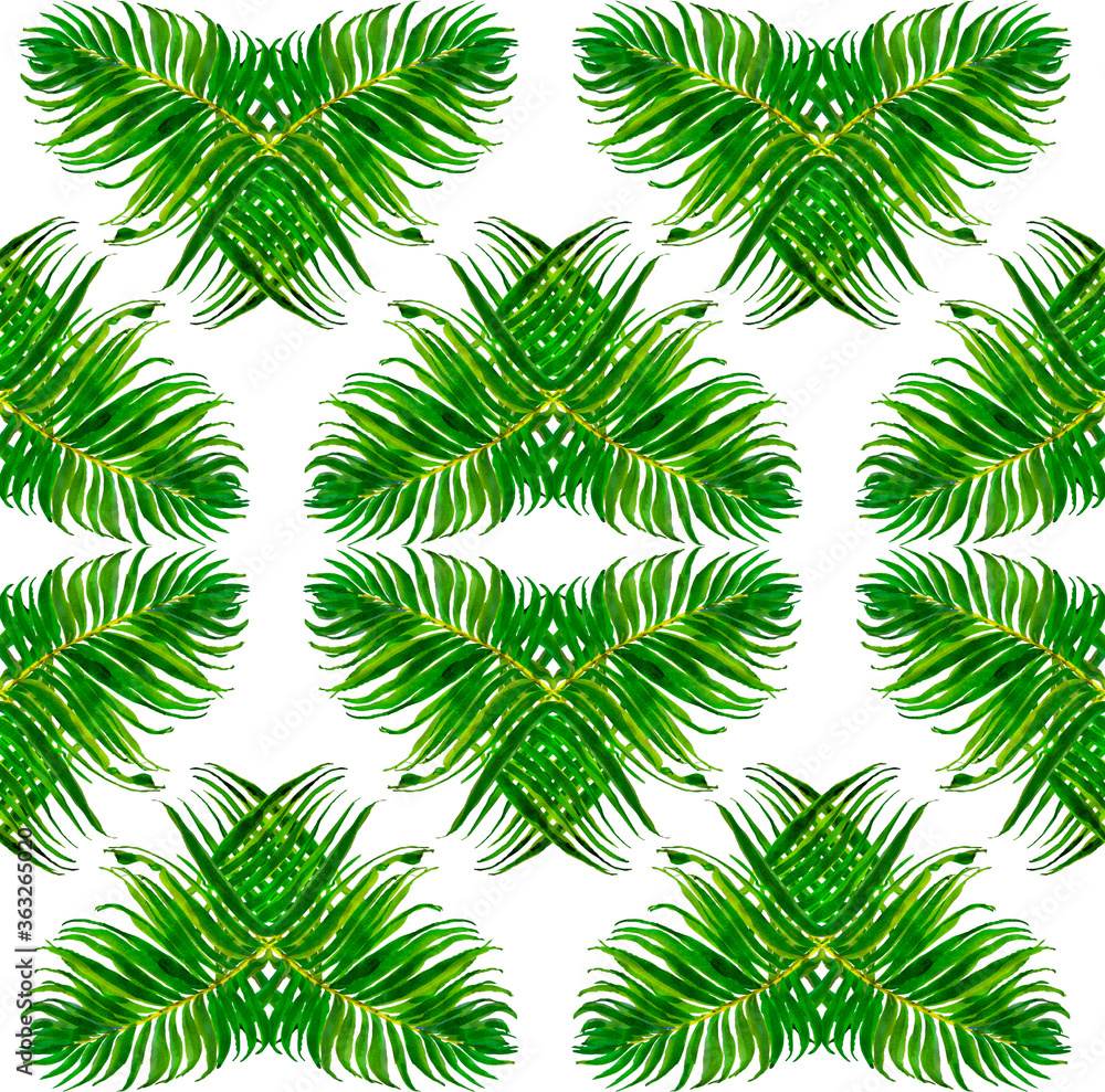Seamless Pattern Hand Painted Watercolor Artwork Illustration Tropical Jungle Palm Leaves  Kaleidoscope Squares