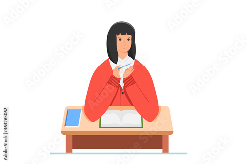 a woman is writing something in the book before her. head tilted to the left while holding a ballpoint pen, thinking about what was written next. white background