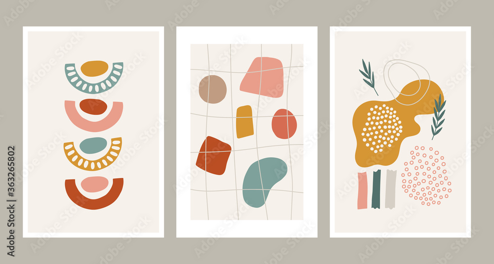 Poster collection with various geometric shapes, leaves, lines, dots