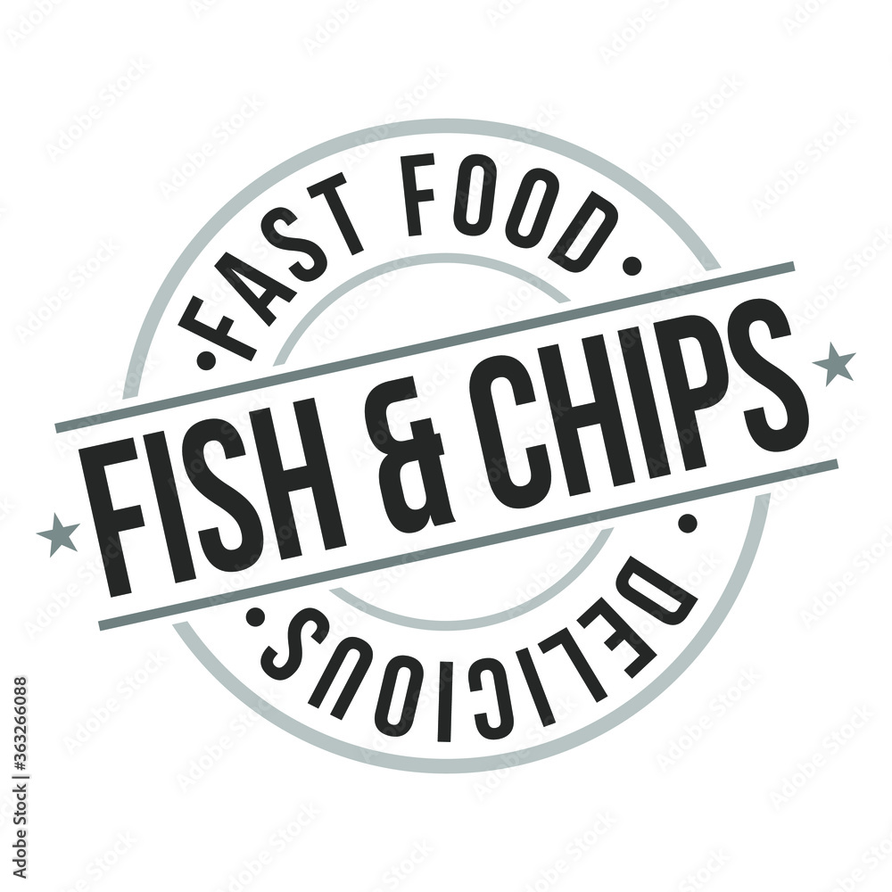 Fish & Chips Delicious Take Away Fast Food Stamp Design Vector Art.