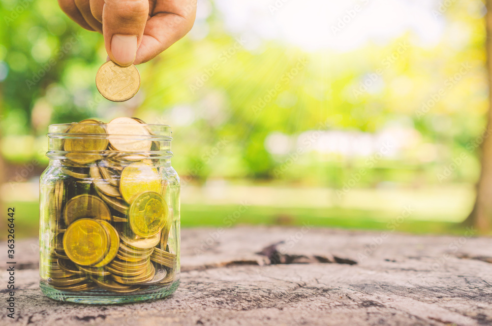 investor business man hand putting coins in jar on wood table with blur nature park background. money saving concept for financial banking and accounting. investor business man hand putting coins in jar on wood table with blur nature park background. money saving concept for financial banking and accounting.