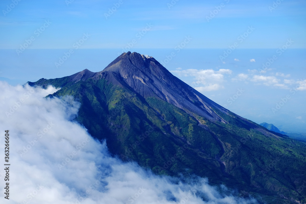 Summit of Merapi Volcano in Yogyakarta, a view from Merbabu Mountain, Magelang, Central Java, Indonesia.