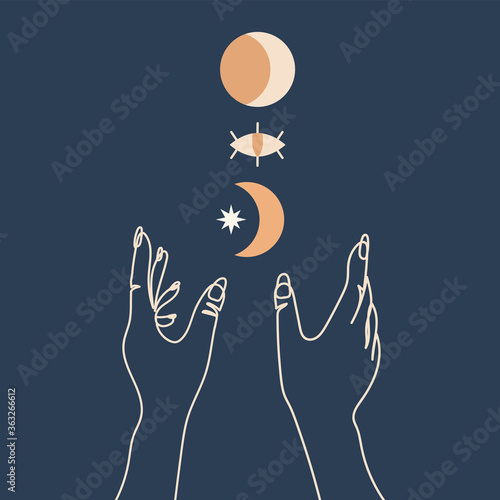 Trendy line art hands, aztec style, tribal art, ethnic collection, vector illustration.