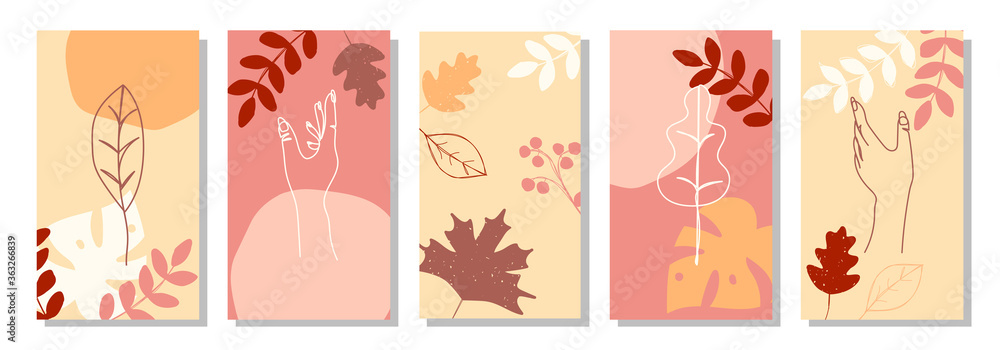 Set of vertical abstract autumn backgrounds or card templates in modern colors, vector illustration in popular art style