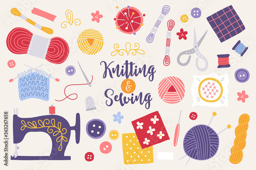 Knitting and sewing set with needles, yarn, sewing machine, scissors