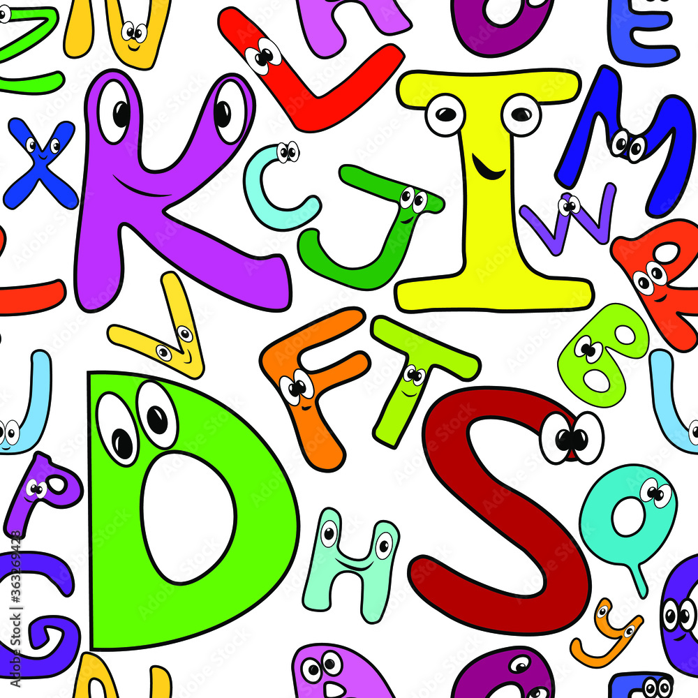 Seamless infinite pattern. Children's alphabet. Bright multicolored letters with eyes. Funny cartoon images. Kids is large, the other letters are smaller.Preparing for school, kindergarten. Learning,