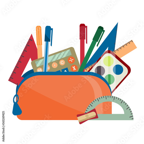 Set of school accessories in pencil box. Orange pencil case with tools for drawing and writing, a set of paints and a calculator is isolated on a white background. Vector illustration in flat style.