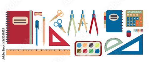 Set of school accessories. Back to school. Collection of tools for drawing and writing, a set of paints, a calculator is isolated on a white background. Vector illustration in flat style.