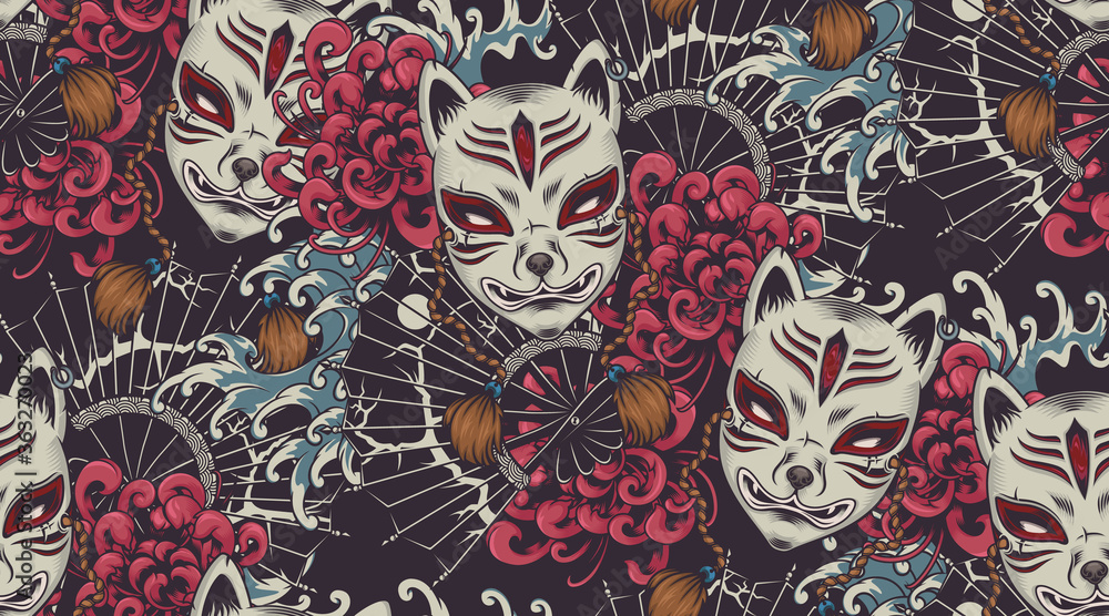 Japanese theme vector seamless pattern with a Kitsune mask. All colors are in a separate group. Ideal for printing onto fabric and decoration