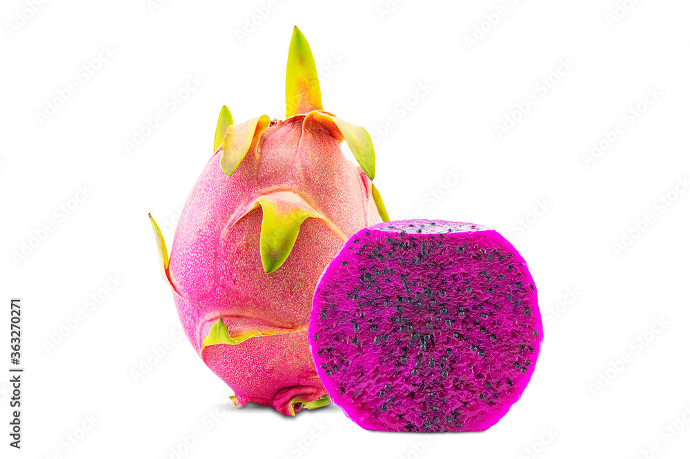 Dragon fruit whole and peeled half isolated on white background with clipping path Dragon fruit whole and peeled half isolated on white background with clipping path