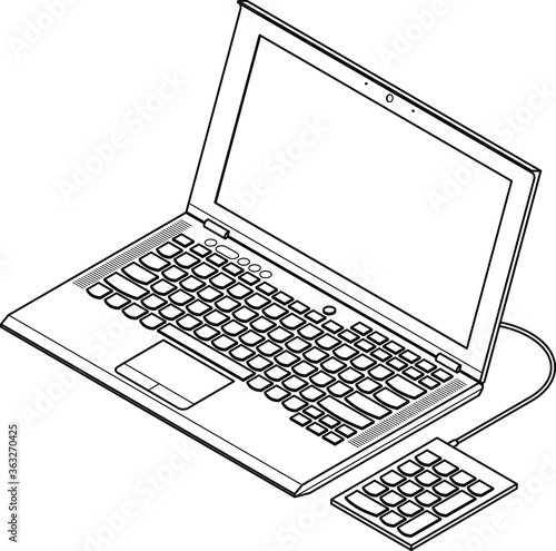 Line-art detailed isometric drawing of a mainstream business laptop computer. With an external USB numeric keypad.