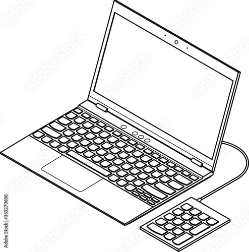 Line-art detailed isometric drawing of an ultra thin and light laptop computer. With an external USB numeric keypad.