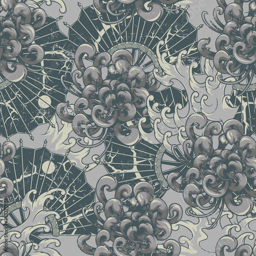 Japanese seamless vector pattern with chrysanthemums. All colors are in a separate group. Ideal for printing onto fabric and decoration
